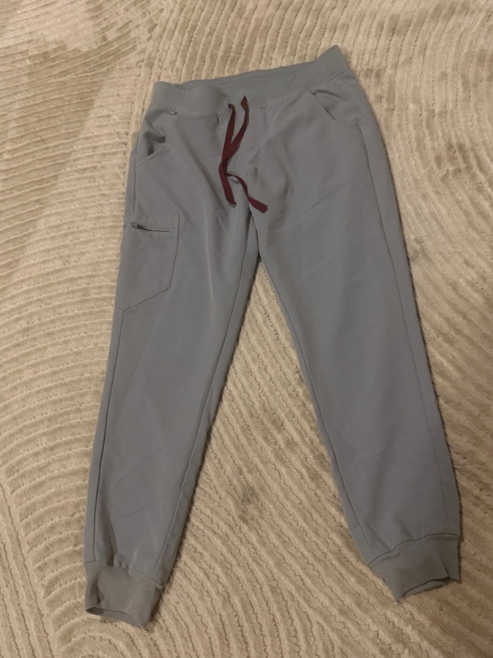 Figs Light Gray High Waisted Zamora Jogger Pants with Burgundy Drawstring
